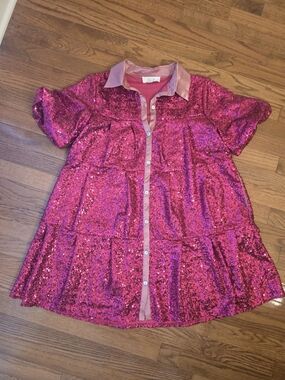 Peach Love California Pink Satin-Trim Button Front Dress Size Small